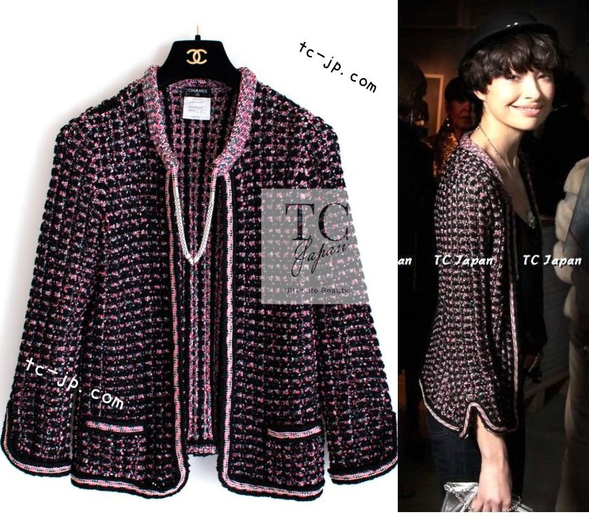 CHANEL 12S Pink Black Chain Cotton Knit Cardigan 36 38 シャネル ピンク ブラック チェーン コットン ニット カーディガン 即発