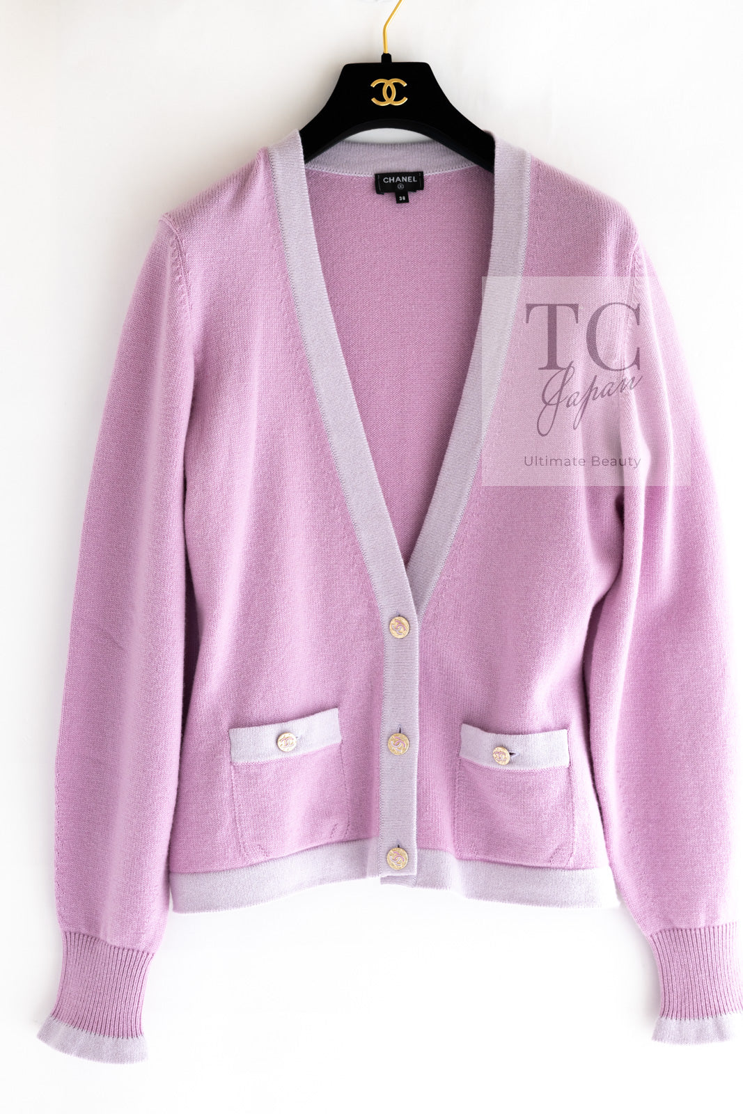 CHANEL 23S Puple Pink CC Logo Buttons Cashmere Knit Cardigan 38 40 シャネル パープル ピンク ココ マーク ボタン カシミヤ 100% ニット カーディガン 即発