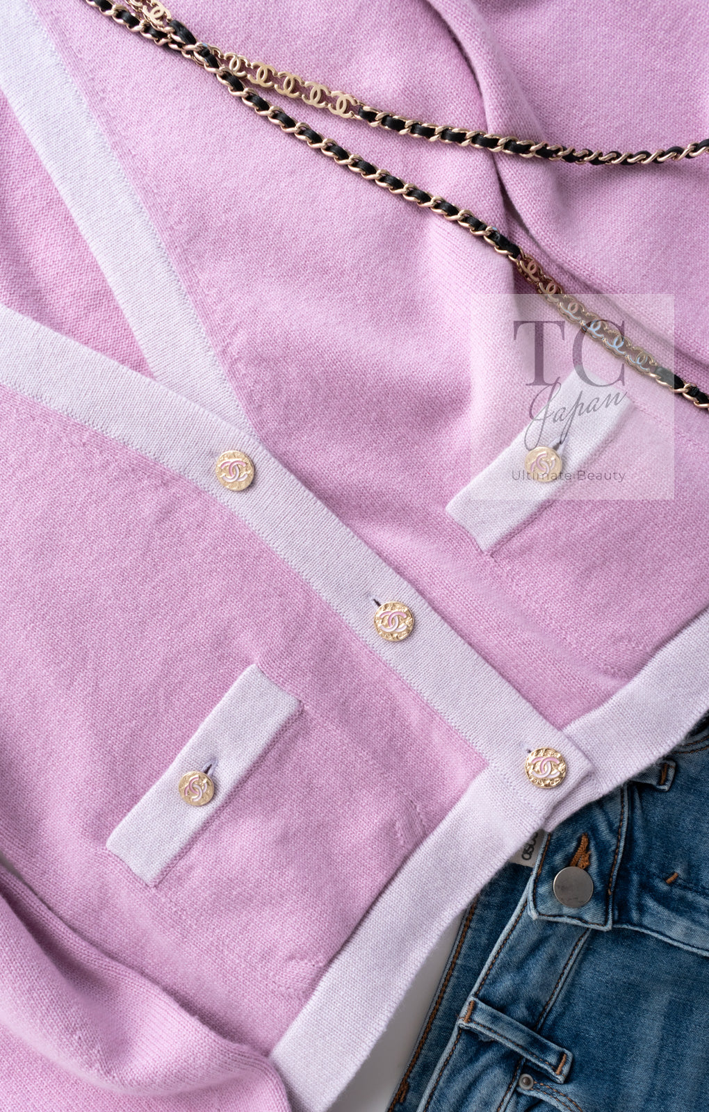 CHANEL 23S Puple Pink CC Logo Buttons Cashmere Knit Cardigan 38 40 シャネル パープル ピンク ココ マーク ボタン カシミヤ 100% ニット カーディガン 即発