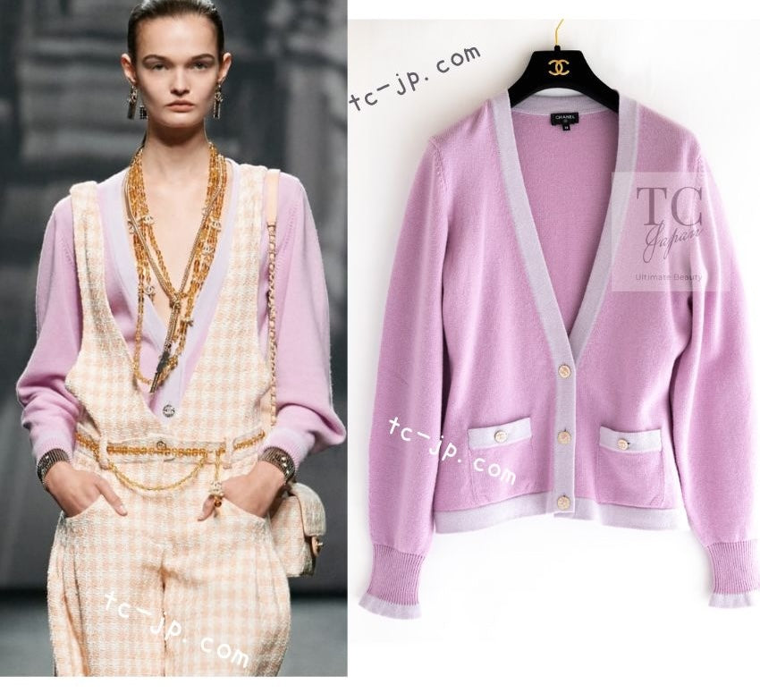 CHANEL 23S Puple Pink CC Logo Buttons Cashmere Knit Cardigan 38 40 シャネル パープル ピンク ココ マーク ボタン カシミヤ 100% ニット カーディガン 即発