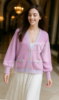 CHANEL 23S Puple Pink CC Logo Buttons Cashmere Knit Cardigan 38 40 シャネル パープル ピンク ココ マーク ボタン カシミヤ 100% ニット カーディガン 即発