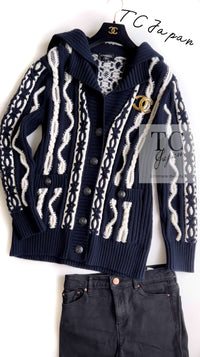 CHANEL 18PF Navy Ivory Wool Cashmere Knit Cardigan 36 38 シャネル ネイビー アイボリー ウール カシミア ケーブル ニット カーディガン 即発