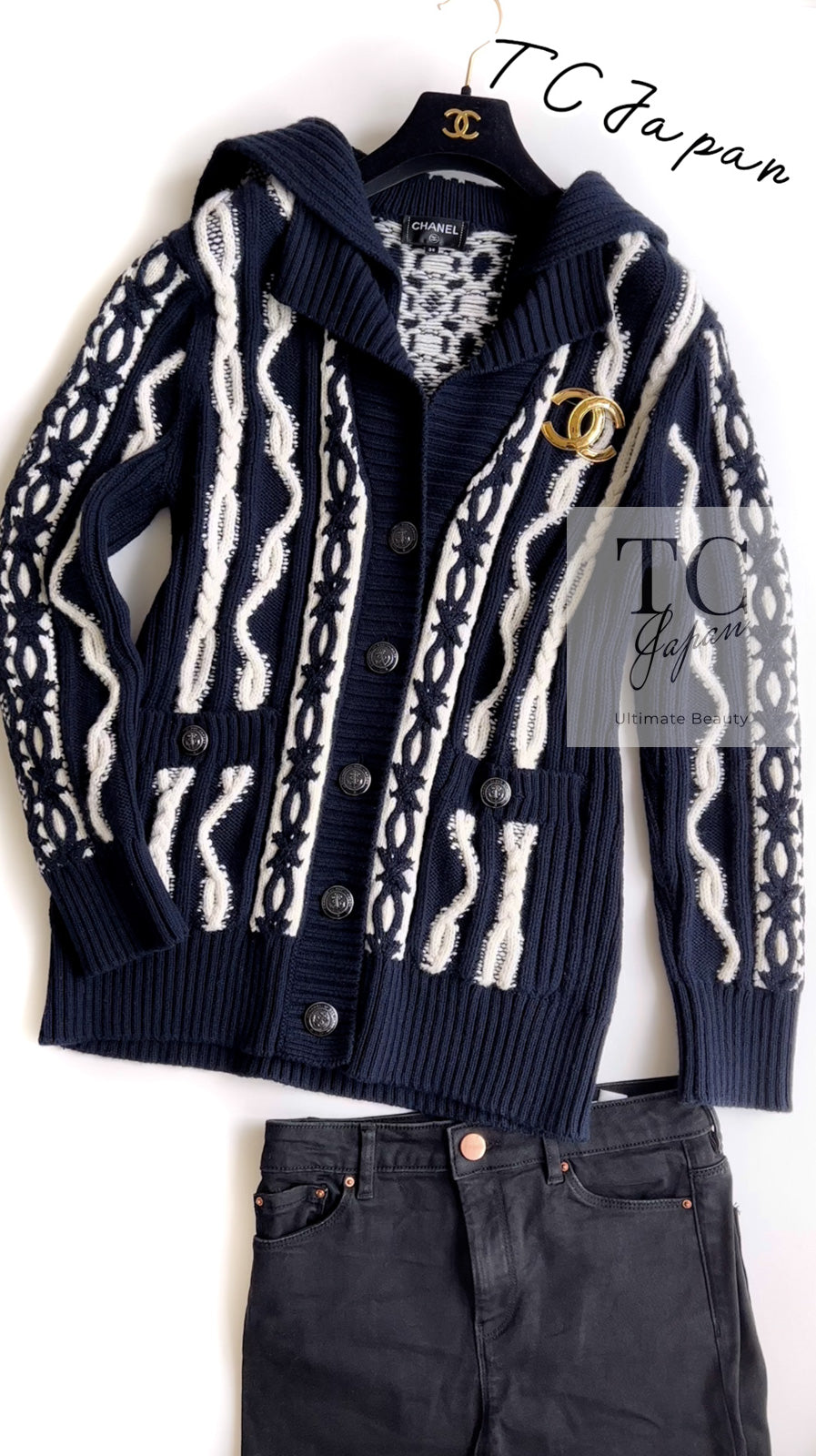 CHANEL 18PF Navy Ivory Wool Cashmere Knit Cardigan 36 38 シャネル ネイビー アイボリー ウール カシミア ケーブル ニット カーディガン 即発