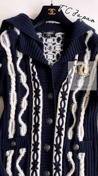 CHANEL 18PF Navy Ivory Wool Cashmere Knit Cardigan 36 38 シャネル ネイビー アイボリー ウール カシミア ケーブル ニット カーディガン 即発