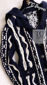 CHANEL 18PF Navy Ivory Wool Cashmere Knit Cardigan 36 38 シャネル ネイビー アイボリー ウール カシミア ケーブル ニット カーディガン 即発