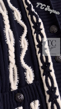 CHANEL 18PF Navy Ivory Wool Cashmere Knit Cardigan 36 38 シャネル ネイビー アイボリー ウール カシミア ケーブル ニット カーディガン 即発