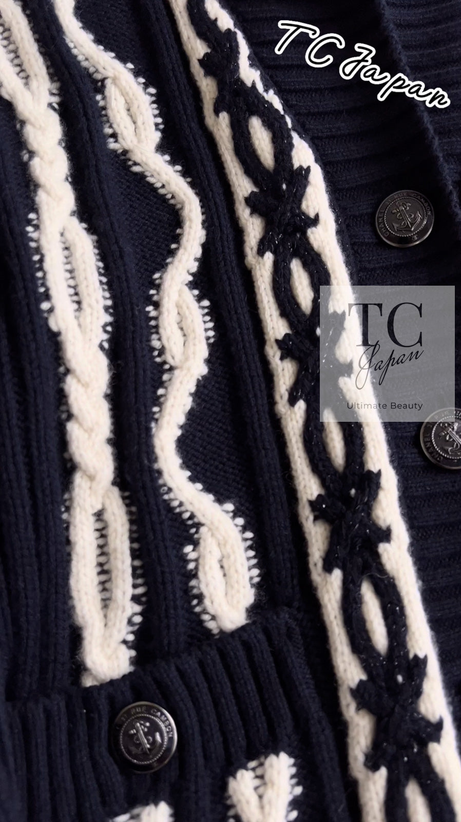 CHANEL 18PF Navy Ivory Wool Cashmere Knit Cardigan 36 38 シャネル ネイビー アイボリー ウール カシミア ケーブル ニット カーディガン 即発