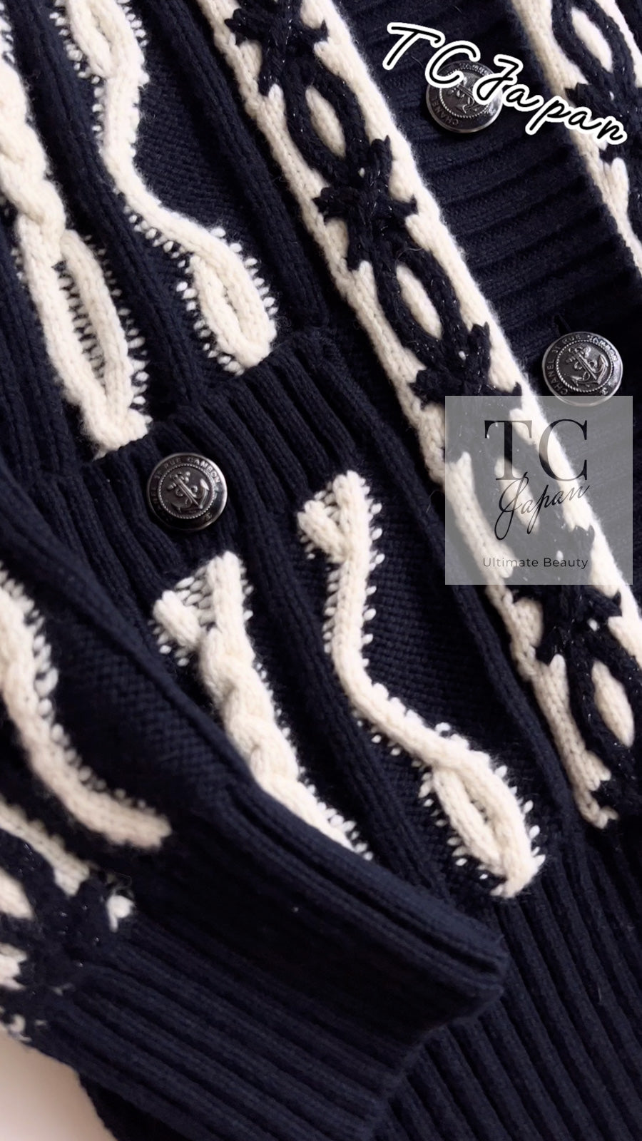 CHANEL 18PF Navy Ivory Wool Cashmere Knit Cardigan 36 38 シャネル ネイビー アイボリー ウール カシミア ケーブル ニット カーディガン 即発