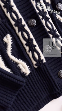 CHANEL 18PF Navy Ivory Wool Cashmere Knit Cardigan 36 38 シャネル ネイビー アイボリー ウール カシミア ケーブル ニット カーディガン 即発