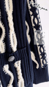 CHANEL 18PF Navy Ivory Wool Cashmere Knit Cardigan 36 38 シャネル ネイビー アイボリー ウール カシミア ケーブル ニット カーディガン 即発