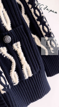 CHANEL 18PF Navy Ivory Wool Cashmere Knit Cardigan 36 38 シャネル ネイビー アイボリー ウール カシミア ケーブル ニット カーディガン 即発