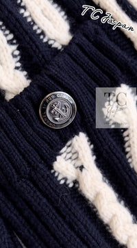CHANEL 18PF Navy Ivory Wool Cashmere Knit Cardigan 36 38 シャネル ネイビー アイボリー ウール カシミア ケーブル ニット カーディガン 即発