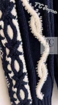 CHANEL 18PF Navy Ivory Wool Cashmere Knit Cardigan 36 38 シャネル ネイビー アイボリー ウール カシミア ケーブル ニット カーディガン 即発