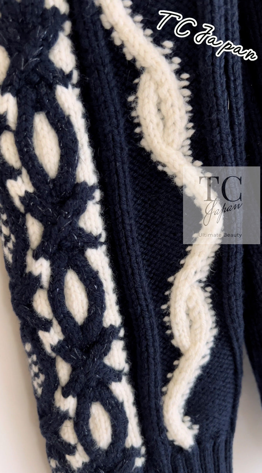 CHANEL 18PF Navy Ivory Wool Cashmere Knit Cardigan 36 38 シャネル ネイビー アイボリー ウール カシミア ケーブル ニット カーディガン 即発