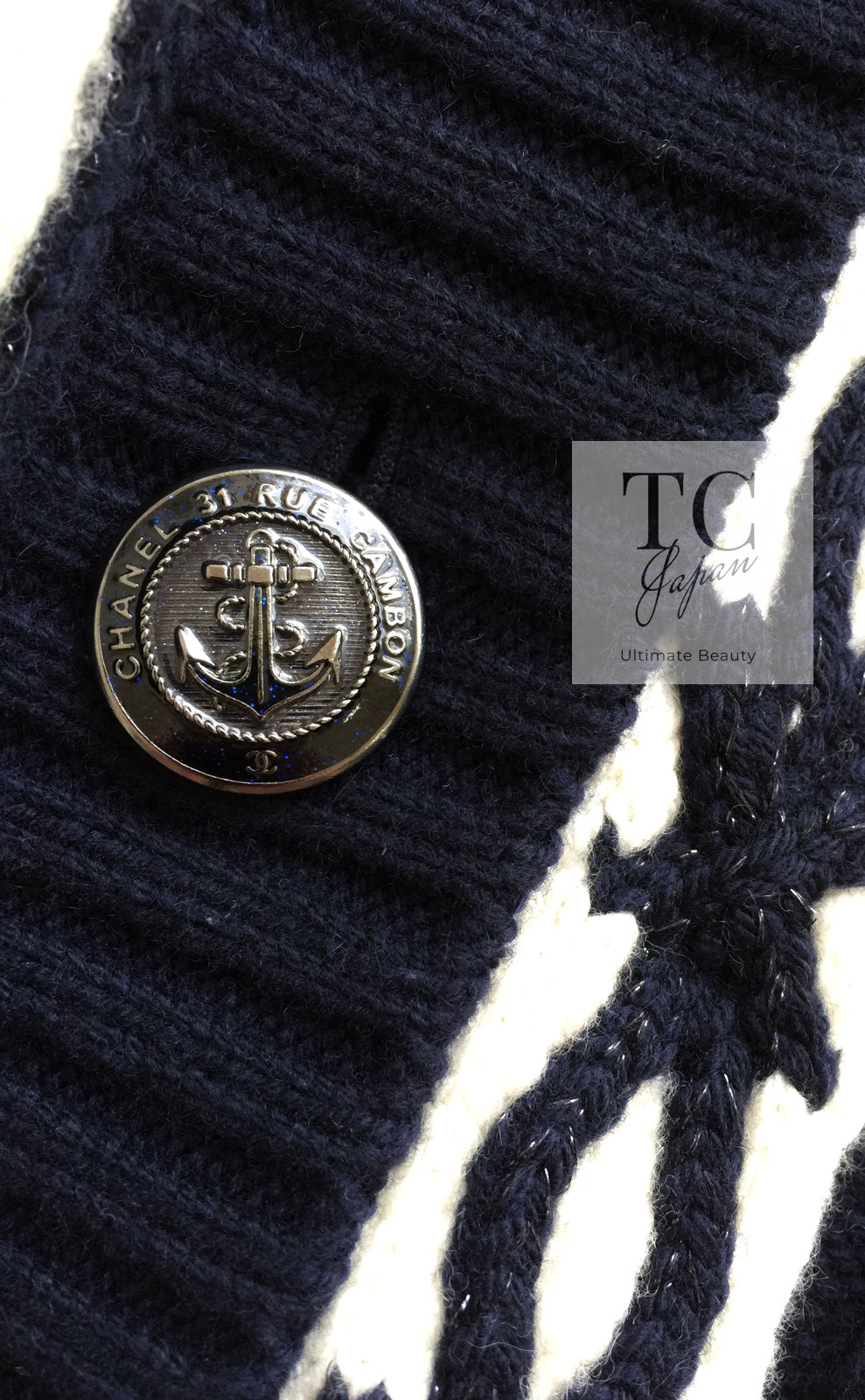 CHANEL 18PF Navy Ivory Wool Cashmere Knit Cardigan 36 38 シャネル ネイビー アイボリー ウール カシミア ケーブル ニット カーディガン 即発