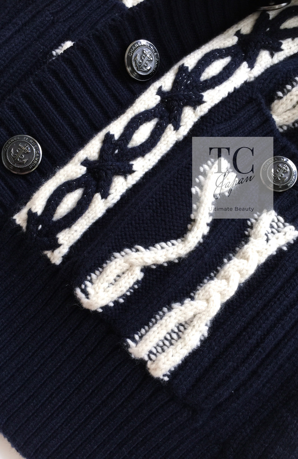 CHANEL 18PF Navy Ivory Wool Cashmere Knit Cardigan 36 38 シャネル ネイビー アイボリー ウール カシミア ケーブル ニット カーディガン 即発