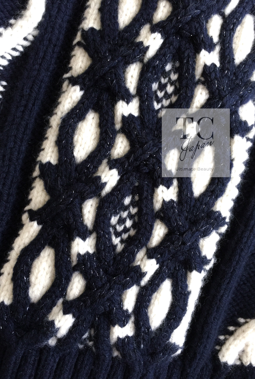 CHANEL 18PF Navy Ivory Wool Cashmere Knit Cardigan 36 38 シャネル ネイビー アイボリー ウール カシミア ケーブル ニット カーディガン 即発