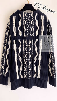 CHANEL 18PF Navy Ivory Wool Cashmere Knit Cardigan 36 38 シャネル ネイビー アイボリー ウール カシミア ケーブル ニット カーディガン 即発