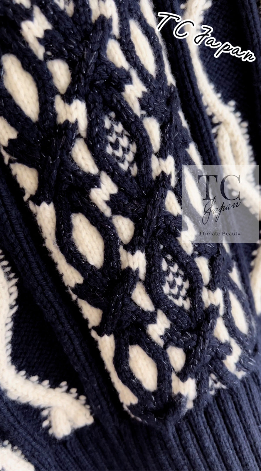 CHANEL 18PF Navy Ivory Wool Cashmere Knit Cardigan 36 38 シャネル ネイビー アイボリー ウール カシミア ケーブル ニット カーディガン 即発