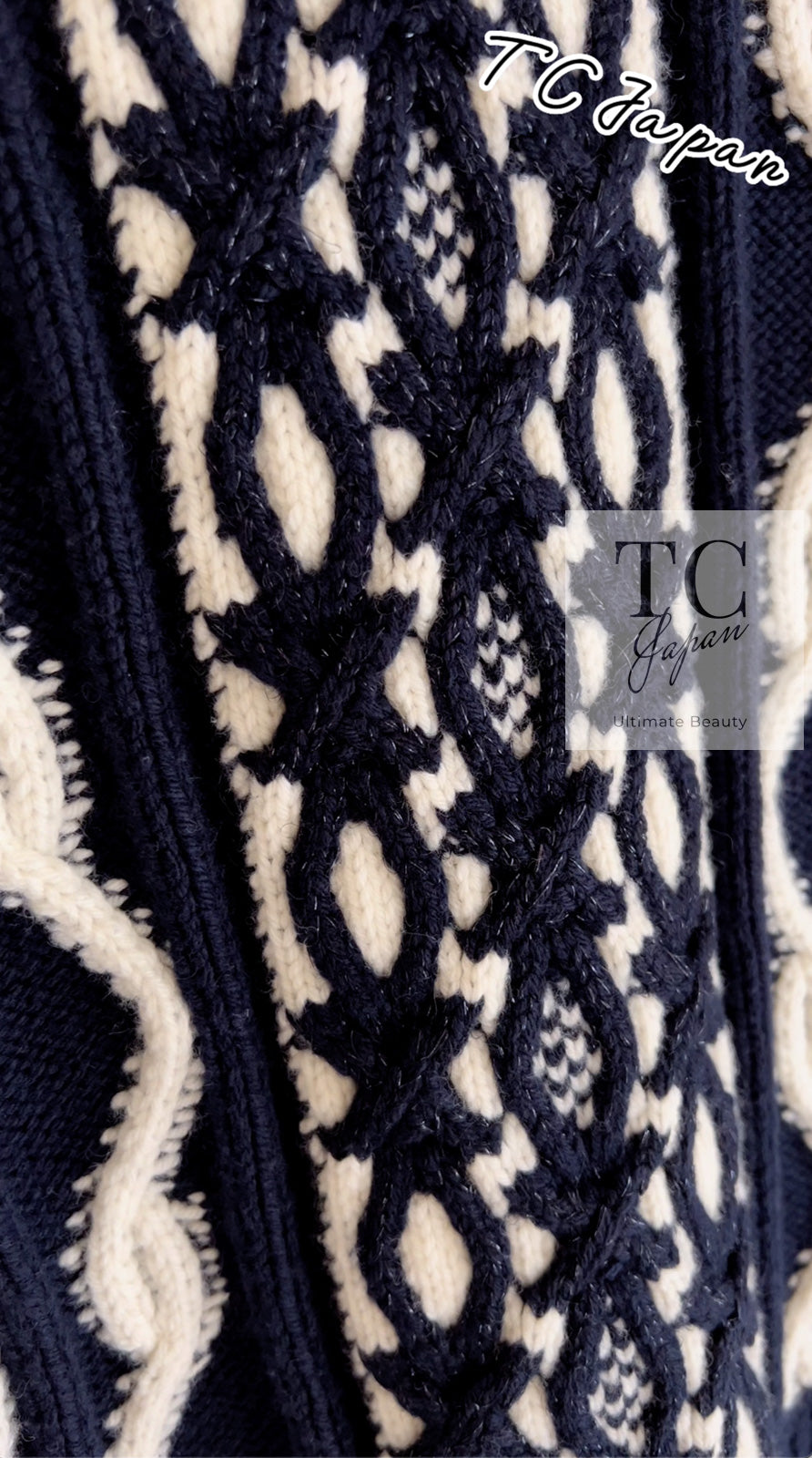 CHANEL 18PF Navy Ivory Wool Cashmere Knit Cardigan 36 38 シャネル ネイビー アイボリー ウール カシミア ケーブル ニット カーディガン 即発