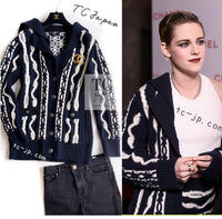 CHANEL 18PF Navy Ivory Wool Cashmere Knit Cardigan 36 38 シャネル ネイビー アイボリー ウール カシミア ケーブル ニット カーディガン 即発