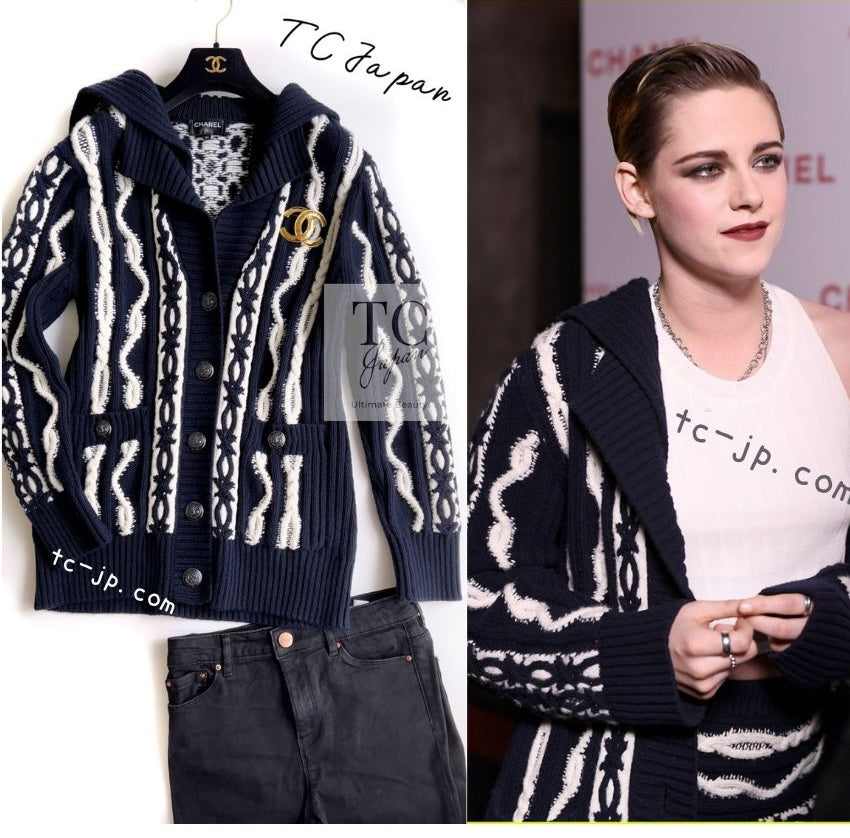 CHANEL 18PF Navy Ivory Wool Cashmere Knit Cardigan 36 38 シャネル ネイビー アイボリー ウール カシミア ケーブル ニット カーディガン 即発