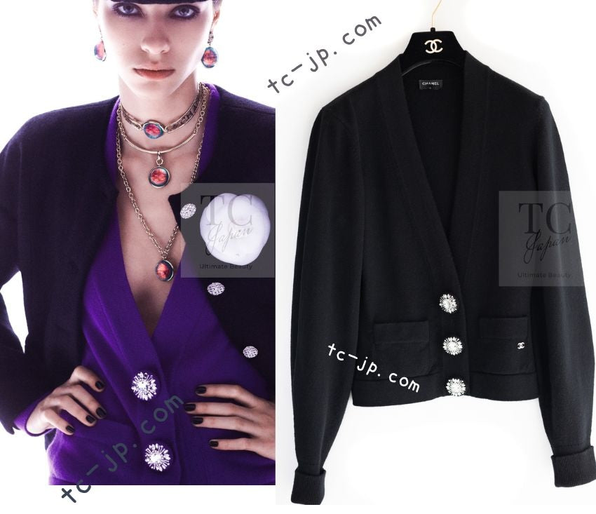 CHANEL 22PF Black Cashmere Knit Cardigan 36 シャネル ブラック カシミヤ ビジュー ボタン ニット カーディガン 即発