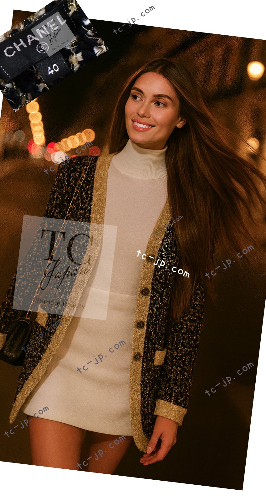 シャネル カーディガン CHANEL ブラック ゴールド ウール ロングニット  