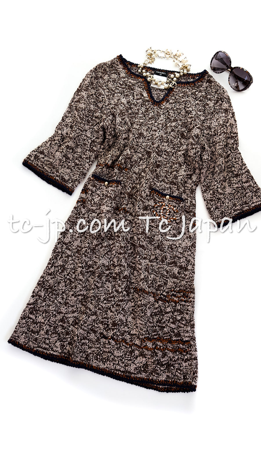 CHANEL 11S Brown Orange Navy CC Logo Knit Dress 34 シャネル ブラウン オレンジ CC ロゴ ニット ワンピース 即発