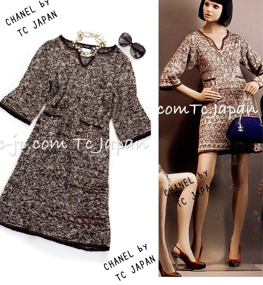 CHANEL 11S Brown Orange Navy CC Logo Knit Dress 34 シャネル ブラウン オレンジ CC ロゴ ニット ワンピース 即発
