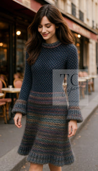 CHANEL 11PF Paris Byzance Gold Thread Mix Wool Knit Dress 34 36 シャネル ネイビー ミックス メタリック ニット ワンピース 即発