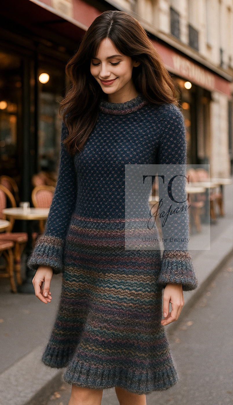 CHANEL 11PF Paris Byzance Gold Thread Mix Wool Knit Dress 34 36 シャネル ネイビー ミックス メタリック ニット ワンピース 即発
