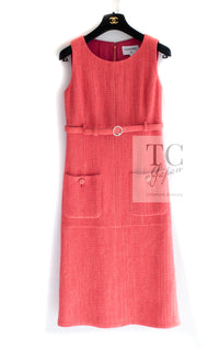 CHANEL 16A Coral Orange Red CC Logo Belt Tweed Sleeveless Dress 36 38 シャネル コーラル オレンジ レッド CCロゴ ベルト ノースリーブ ツイード ワンピース 即発