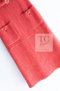 CHANEL 16A Coral Orange Red CC Logo Belt Tweed Sleeveless Dress 36 38 シャネル コーラル オレンジ レッド CCロゴ ベルト ノースリーブ ツイード ワンピース 即発