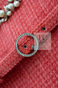 CHANEL 16A Coral Orange Red CC Logo Belt Tweed Sleeveless Dress 36 38 シャネル コーラル オレンジ レッド CCロゴ ベルト ノースリーブ ツイード ワンピース 即発