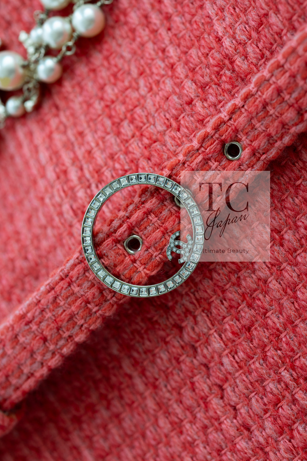 CHANEL 16A Coral Orange Red CC Logo Belt Tweed Sleeveless Dress 36 38 シャネル コーラル オレンジ レッド CCロゴ ベルト ノースリーブ ツイード ワンピース 即発