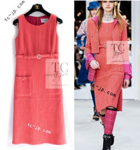 CHANEL 16A Coral Orange Red CC Logo Belt Tweed Sleeveless Dress 36 38 シャネル コーラル オレンジ レッド CCロゴ ベルト ノースリーブ ツイード ワンピース 即発