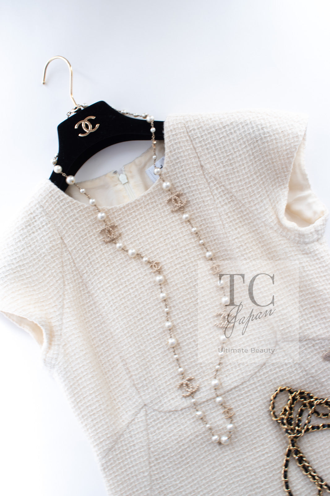 CHANEL 18PA Ivory Gold Wool Tweed Dress 36 シャネル アイボリー 淡いゴールド ウール ツイード ワンピース 即発
