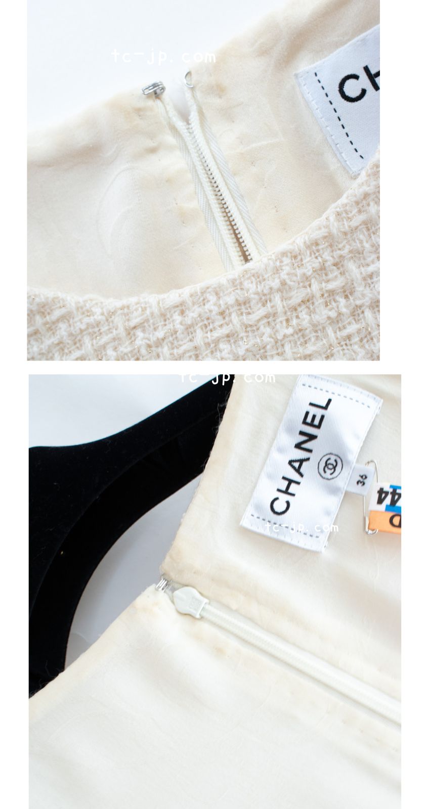 CHANEL 18PA Ivory Gold Wool Tweed Dress 36 シャネル アイボリー 淡いゴールド ウール ツイード ワンピース 即発