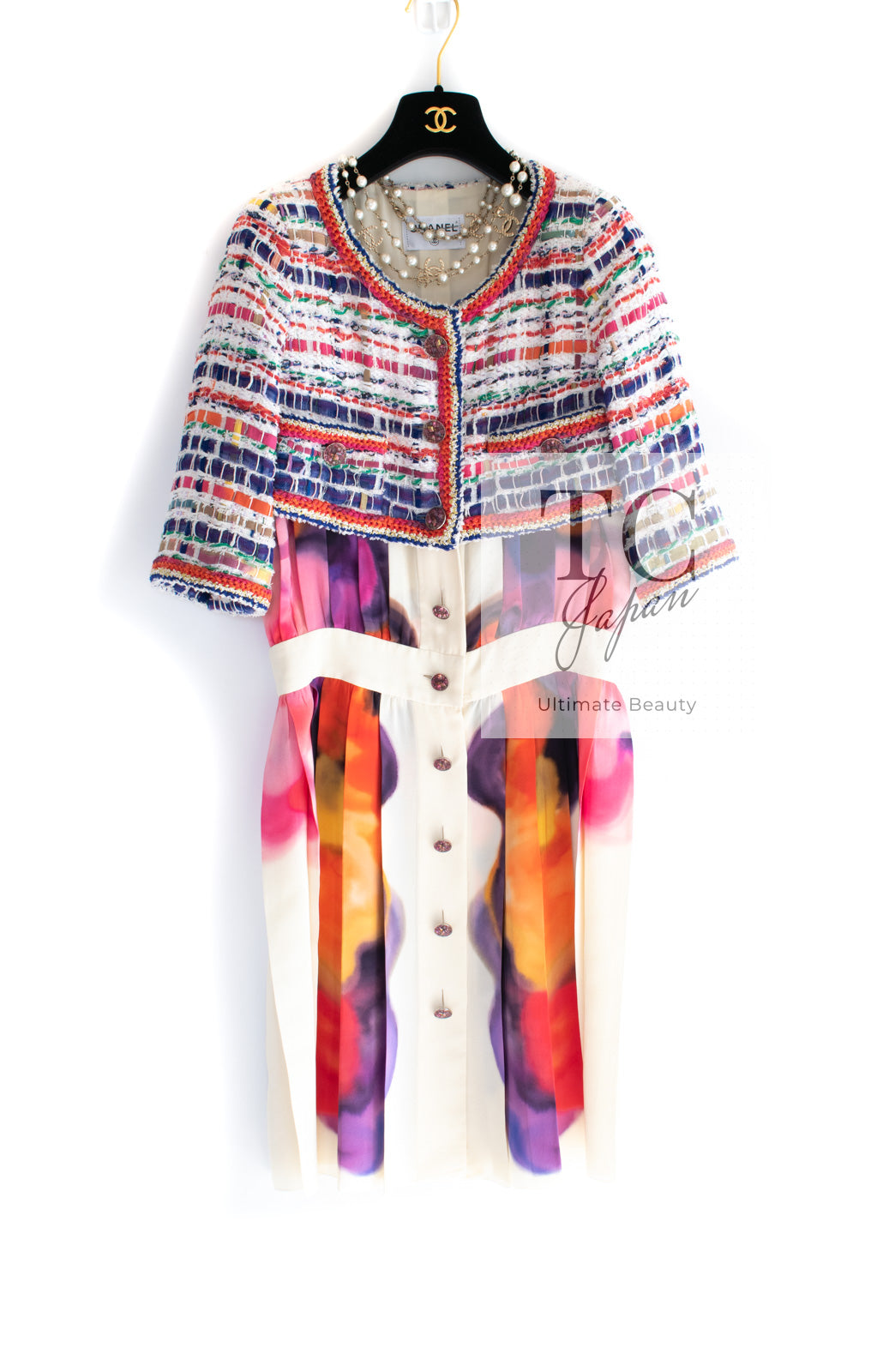 CHANEL 15S Ivory Multicolor Cotton Silk Tweed Pleated Dress B 36 38 シャネル アイボリー マルチカラー コットン ツイード ジャケット シルク プリーツ ワンピース ドレス B 即発