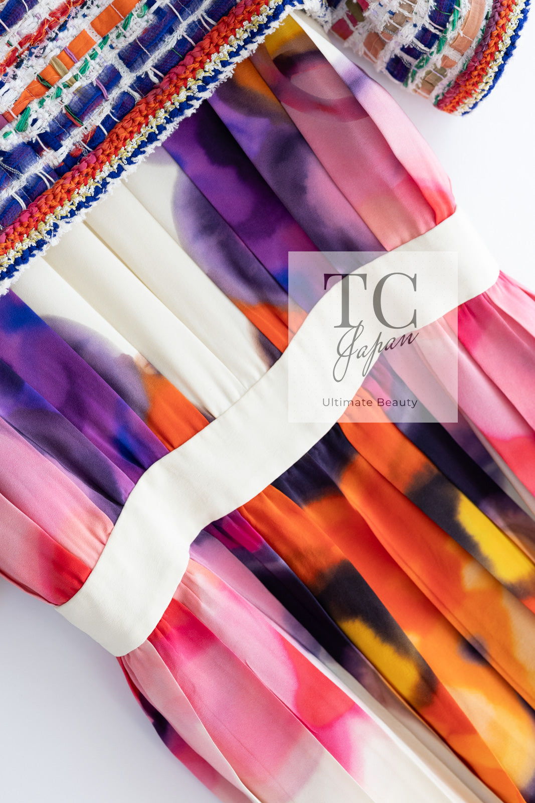 CHANEL 15S Ivory Multicolor Cotton Silk Tweed Pleated Dress B 36 38 シャネル アイボリー マルチカラー コットン ツイード ジャケット シルク プリーツ ワンピース ドレス B 即発