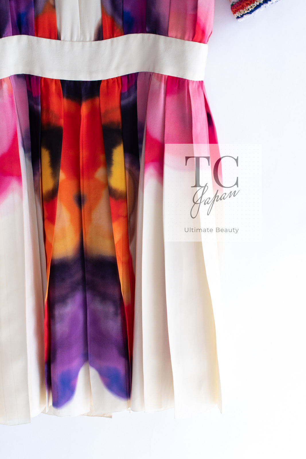 CHANEL 15S Ivory Multicolor Cotton Silk Tweed Pleated Dress B 36 38 シャネル アイボリー マルチカラー コットン ツイード ジャケット シルク プリーツ ワンピース ドレス B 即発