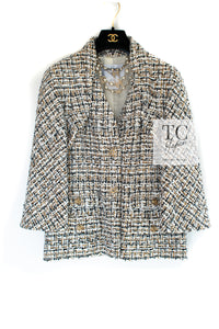 CHANEL 15C White Black Gold Metallic Gripoix Button Tweed Jacket 42 シャネル ホワイト ブラック ゴールドメタリック グリポワ宝石ボタン ツイード ジャケット 即発