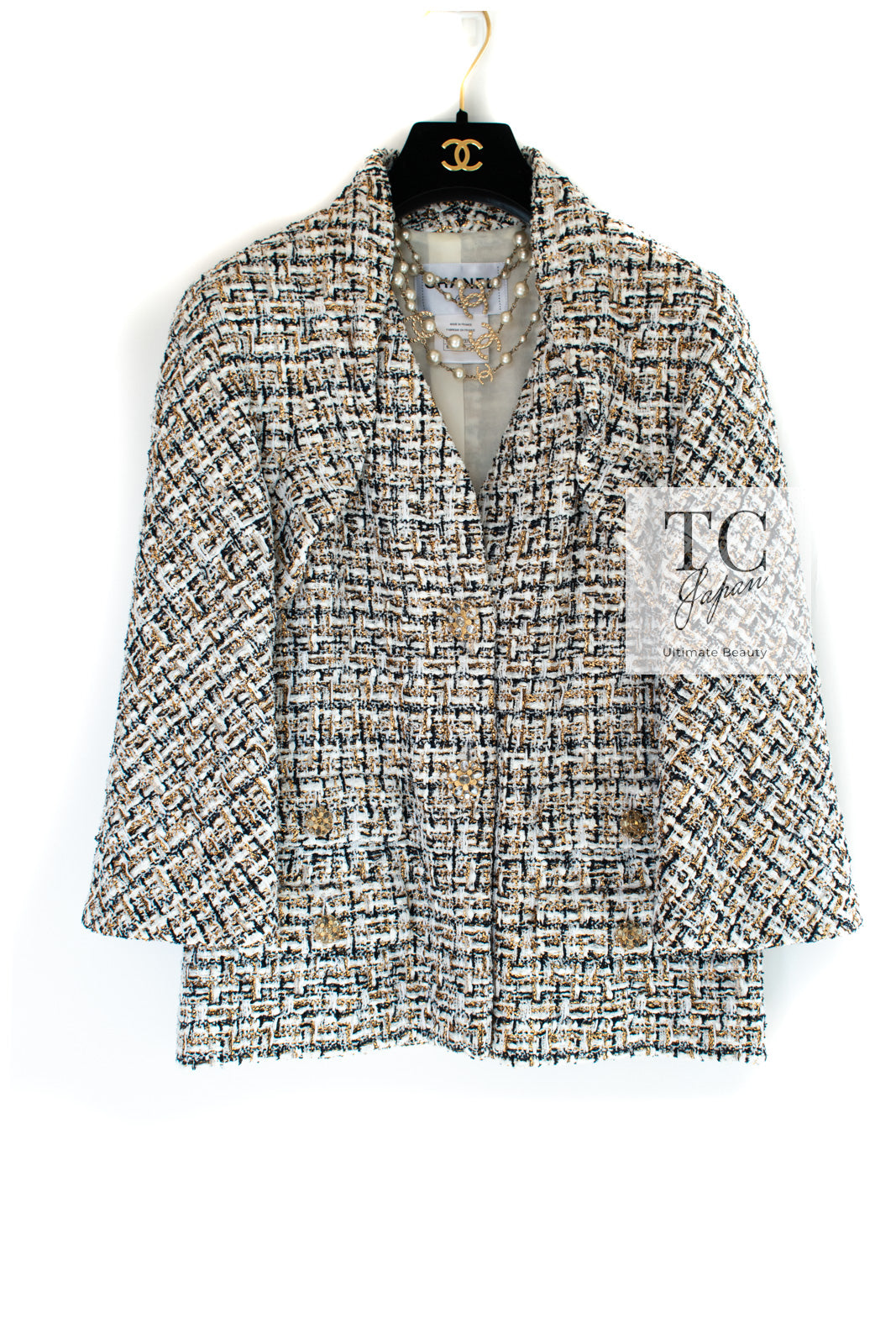 CHANEL 15C White Black Gold Metallic Gripoix Button Tweed Jacket 42 シャネル ホワイト ブラック ゴールドメタリック グリポワ宝石ボタン ツイード ジャケット 即発