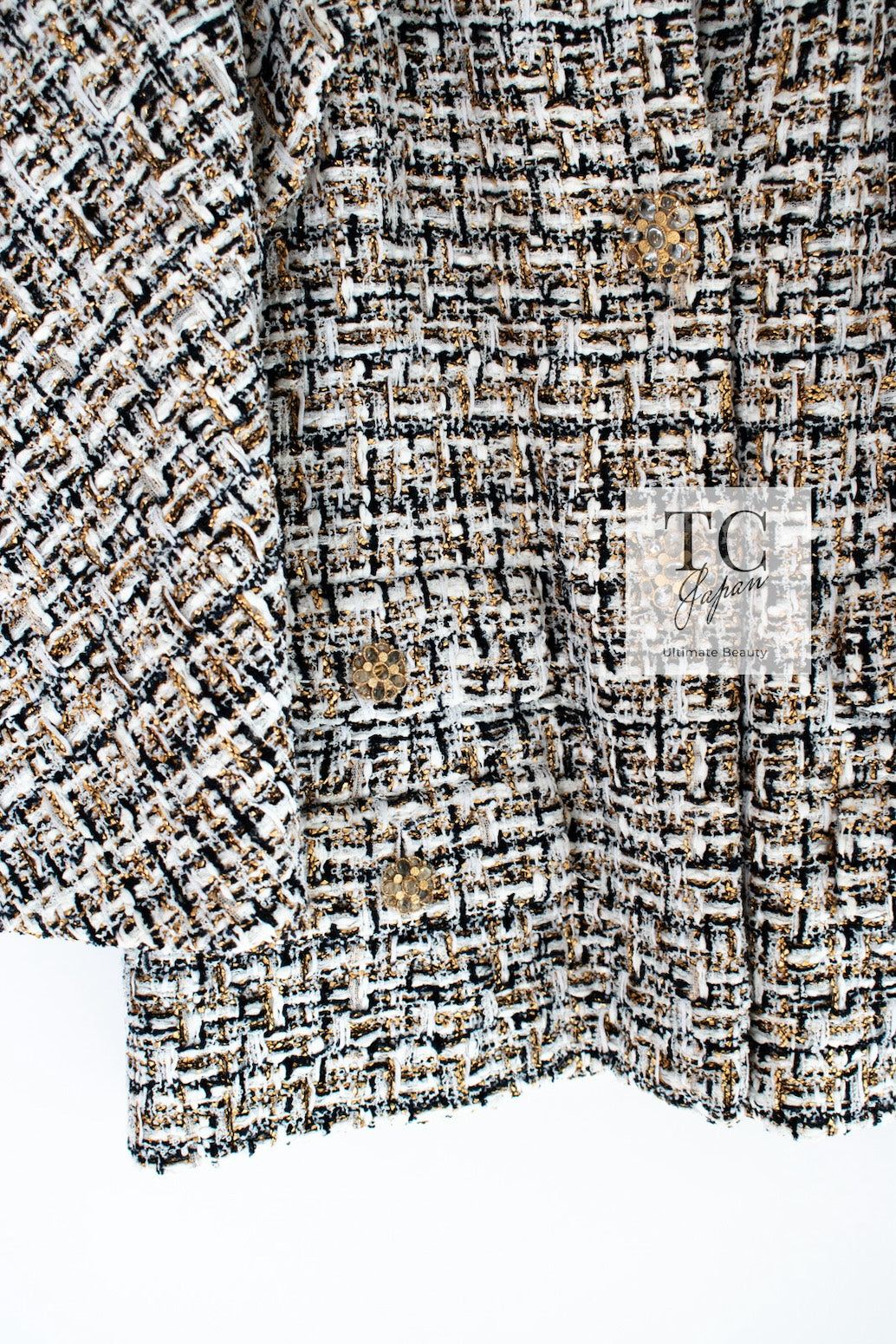 CHANEL 15C White Black Gold Metallic Gripoix Button Tweed Jacket 42 シャネル ホワイト ブラック ゴールドメタリック グリポワ宝石ボタン ツイード ジャケット 即発