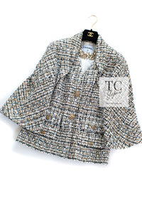 CHANEL 15C White Black Gold Metallic Gripoix Button Tweed Jacket 42 シャネル ホワイト ブラック ゴールドメタリック グリポワ宝石ボタン ツイード ジャケット 即発