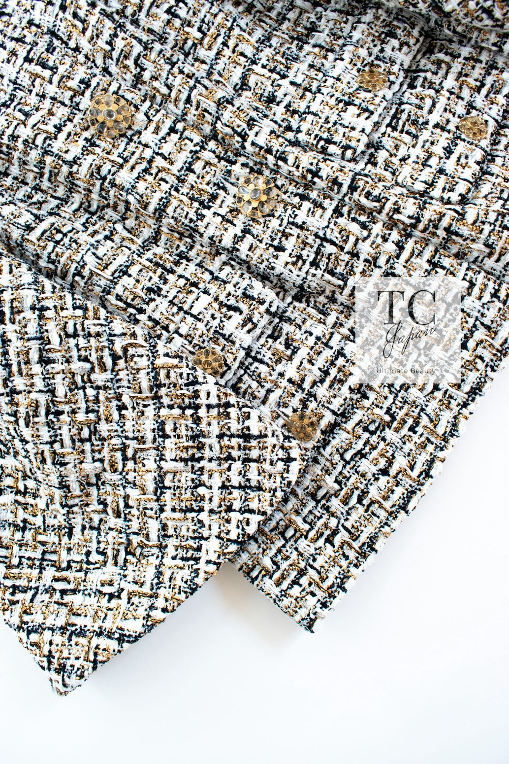CHANEL 15C White Black Gold Metallic Gripoix Button Tweed Jacket 42 シャネル ホワイト ブラック ゴールドメタリック グリポワ宝石ボタン ツイード ジャケット 即発
