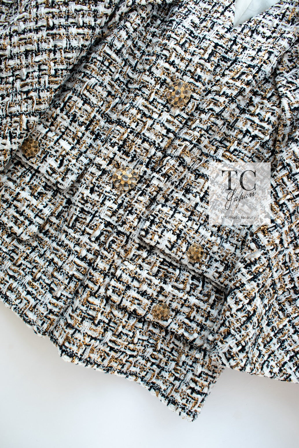 CHANEL 15C White Black Gold Metallic Gripoix Button Tweed Jacket 42 シャネル ホワイト ブラック ゴールドメタリック グリポワ宝石ボタン ツイード ジャケット 即発