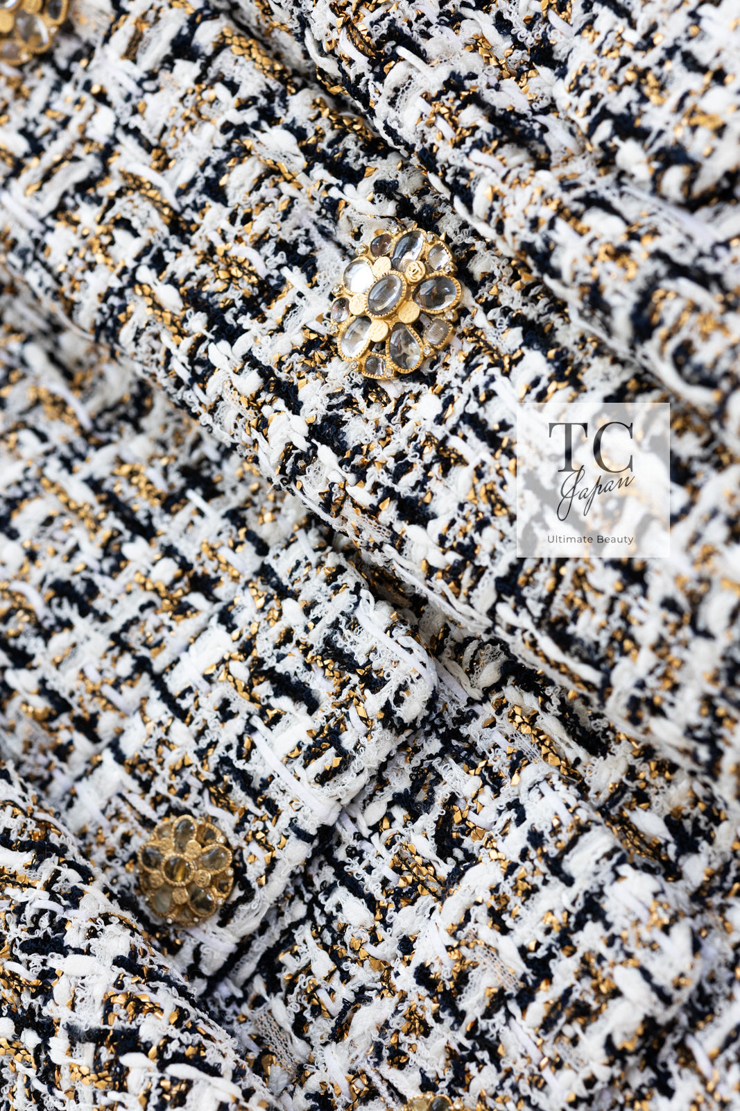 CHANEL 15C White Black Gold Metallic Gripoix Button Tweed Jacket 42 シャネル ホワイト ブラック ゴールドメタリック グリポワ宝石ボタン ツイード ジャケット 即発