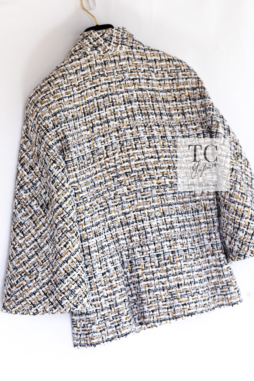 CHANEL 15C White Black Gold Metallic Gripoix Button Tweed Jacket 42 シャネル ホワイト ブラック ゴールドメタリック グリポワ宝石ボタン ツイード ジャケット 即発